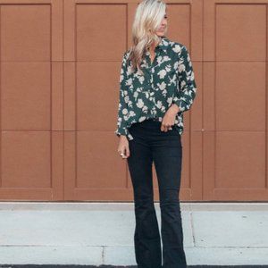 Hunter Green Floral Blouse Size S